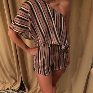 AKIRA black Label striped one shoulder romper